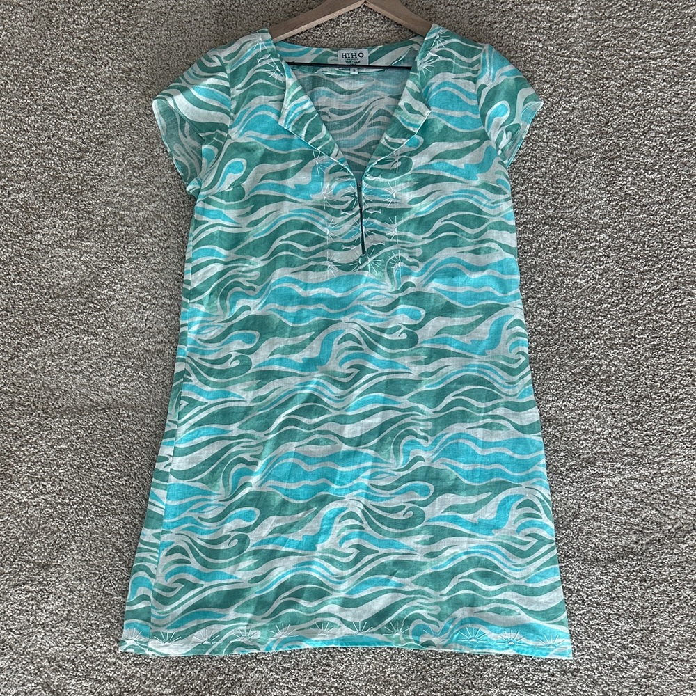 HIHO A line Sun Dress 100% Linen Aqua and Green Embroidered Women’s Small